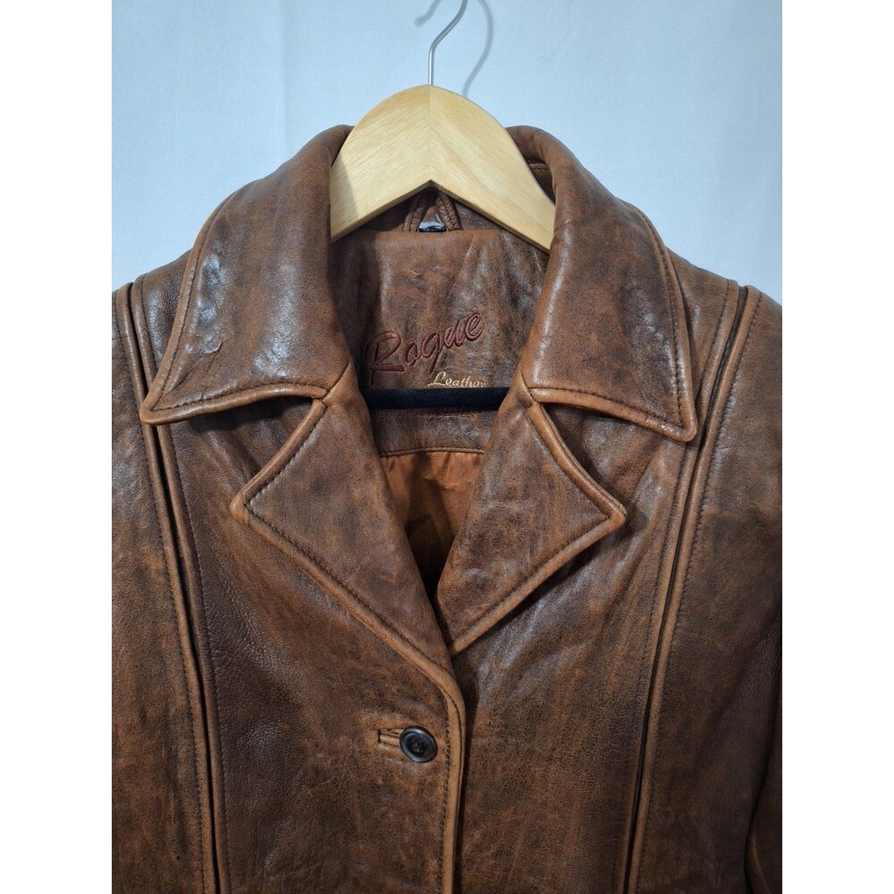 Rogue Leather Womens Genuine Leather Coat Sz M Brown Long Button Up Pockets Y2K - Picture 4 of 15